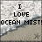 Pixelated static image with black text reading "I LOVE OCEAN MIST!" over a muted, abstract background of gray and white tones.