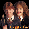 Two characters in Hogwarts uniforms hold wands, with text labels below them; one character's mouth is closed while the other smiles.
