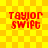 Red pixelated text 'TAYLOR SWIFT' on a yellow-orange checkered background, displayed in four identical positions