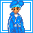 Pixel art character with blue hair and blue jacket, brown pants, white shoes, and text reading "My Boy is a TRUE" and "GANGSTA" in blue and brown.