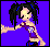 Pixel art of a female character with black hair and blue accessories on purple background, next to stylized text reading 'I Lay Boyz' in pink and blue.