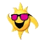 Yellow sun-shaped character with pink sunglasses and black mouth, smiling across multiple pixelated poses.