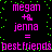 Pixelated text displays 'megan + jenna = best friends' in pink on black with green dots, repeated twice in a