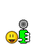 Animated pixel art of a green figure with gray head, yellow smiley face, and '3' symbol on chest, showing text changes above it.