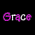 Two side-by-side instances of the word 'Grace' in pixelated text, with alternating purple and white lettering on a black background.