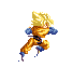Four pixelated poses of a character with spiky blonde hair in orange and blue martial arts attire against gray background.