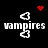 Pixelated white text 'vampires' with heart-shaped icons above and below, red heart and red dot clusters on black background.