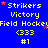 Blue background with yellow text reading "Strikers Victory Field Hockey" and repeated symbols including <333 #1, red stars scattered across the image.