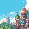 Pixel art scene split into two distinct architectural styles: left side shows onion domes with striped and green patterns under a blue sky, right side depicts stone buildings with red roofs and figures in medieval attire.