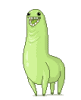 Green cartoon creature with wide grin and black eyes stands in various poses