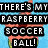 Pixelated cartoon starfish with wide eyes and open mouth stands against light blue background, text blocks read 'THERE'S MY RASPBERRY SOCCER BALL!' in white letters on black rectangles.
