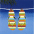 Two striped, cartoon-style figures with orange, green, yellow, and blue bands hang from a horizontal line against a gradient blue background.