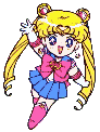 Four pixel-art frames of a blonde anime character in blue and pink sailor-style outfit with bear ears, shown in running motion against gray background.