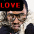 A four- shows a person in a black jacket with white fur trim, wearing glasses and dark hair. Each displays different red text overlays: LOVE (top-left), LOCK (top-right), DOWN (bottom-left)