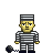 Pixel art of a prisoner in striped uniform with ball and chain, standing against gray background.