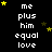 Black background with white text reading 'me plus him equal love' repeated in a , yellow stars scattered throughout, and a gray rectangle in the bottom-right corner
