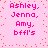 Pink background with orange dots and repeated pink text listing names and 'bffl's' in a pattern