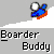 Pixelated character with white head, blue body, and orange base on gray background; text 'Boarder Buddy' below.