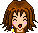 Pixelated character head with brown curly hair, pink cheeks, red mouth, and multicolored earrings in five distinct expressions against gray background.