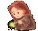 Pixelated cartoon girl with red hair holding a glowing green orb, wearing brown hooded cloak against gray background.