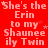 Red background with repeated white text 'She's the Erin to my Shauneily Twin' and small white stars, with a gray square in the bottom-right corner.