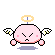 Pixel art of a pink round character with wings and halo, showing two expressions and two poses