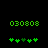 Green pixelated text '030808' above two of green and dark green four-leaf clover icons on a black background