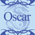 Pixelated blue and white icon with the word 'Oscar' in stylized text, surrounded by abstract swirling patterns.