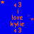 Blue background with orange text reading "i love kylie" and a heart symbol, surrounded by small stars in blue and orange.