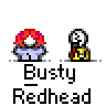 Pixel art contact sheet showing two animated frames of a red-haired character and a stick figure, with text labels below each frame.