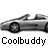 Pixelated grayscale image of a convertible sports car with visible wheels and body lines, positioned above the text "Coolbuddy" in blocky pixel font on a white background.