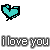Pixelated teal heart icon with black outline appears in three positions above and below text reading "i love you" on white background.