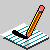 Pixelated pencil drawing animation on lined paper with black ink stroke, yellow-orange body, pink eraser tip.