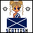 Pixel art contact sheet showing two frames of an animated AIM buddy icon featuring a cartoon woman with blonde pigtails and blue eyes behind a Scottish flag, with star symbols changing from white to dark blue between frames.