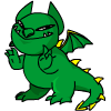 Green cartoon dragon with yellow spikes, wings, and tail tip; three distinct poses showing hand gestures and wing positions.