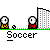 Pixelated soccer-themed animation showing two figures near a goal, with text 'Soccer' below each frame.