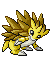 Pixelated yellow and brown creature with spiky back, white underbelly, and black eyes in multiple poses on gray background.