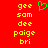 Red background with yellow text 'gee sam dee poige bri' in two and a green pixelated heart symbol above the left