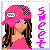 Pixelated icon of a person with long brown hair wearing a pink cap and shirt, standing beside vertical purple text reading "sweet" on a white background.