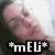 Pixelated close-up of a person's face with closed eyes and pinkish skin tones, overlaid by a black banner containing white text 'mEli' flanked by star symbols.