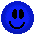 Three pixelated circular icons with black smiley faces on blue, purple, and orange backgrounds against a gray backdrop.
