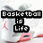 Pixelated image with bold text 'Basketball is Life' over a blurred background featuring pink and gray shapes.