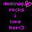 Pixelated text in bright pink on black background with a heart symbol replacing the 'u' in 'dominique', showing two identical frames side-by-side.
