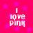 Four identical pixelated text icons on a bright pink background with scattered magenta stars, each displaying "I love PINK" in white block letters.