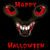 A 2x2 contact sheet of three animated frames showing a pixelated horror character with glowing red eyes, sharp teeth, and dripping text on black background.