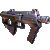 Pixelated image of a dark brown and gray firearm with metallic accents, angled horizontally against light gray background.