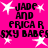 Bright pink background with white star shapes and repeated black text reading "JADE AND ERICAR SEXY BABESS" in a pixelated font.