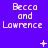 Purple background with white pixelated text 'Becca and Lawrence' repeated in a , animated symbols changing between frames