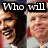 six pixelated celebrity faces with text overlays reading "Who will you choose?" in a retro digital style