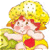 Pixelated cartoon character with yellow hair, red accents, and green clothing holding a red heart-shaped object against white background.